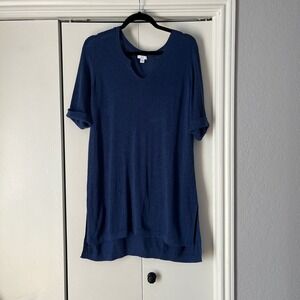J. Jill Knit Tunic Top V-Neck Roll Tab Sleeve Casual Comfy Blue Size M